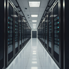 Fototapeta premium Modern Data Center Room with Illuminated Server Racks in a High-Tech Environment