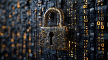 Digital lock on data wall symbolizes internet security and encryption