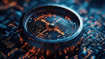 A digital compass overlays a blue background of code, symbolizing directional guidance in the digital realm.