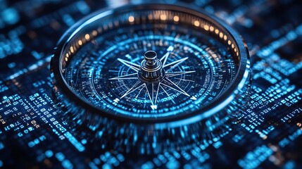 A digital compass overlays a blue background of code, symbolizing directional guidance in the digital realm.