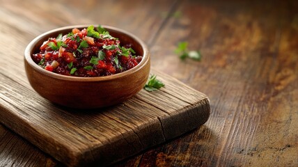 Fresh cranberry relish in bowl on rustic wooden table, garnished with parsley