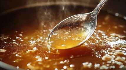 Hot, rich broth being ladled from pot, exuding warmth