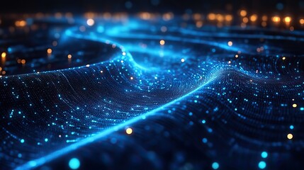 A digital technology scene with neon blue and green lights representing cyber connectivity in the metaverse for futuristic internet networks.