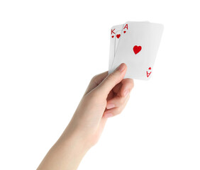 Poker game. Woman holding playing cards on white background, closeup