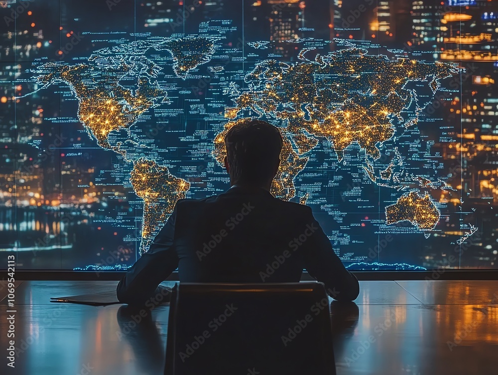 Fototapete A businessman sits at a desk in front of a large screen displaying a world map with glowing cities, representing global connectivity and opportunity.