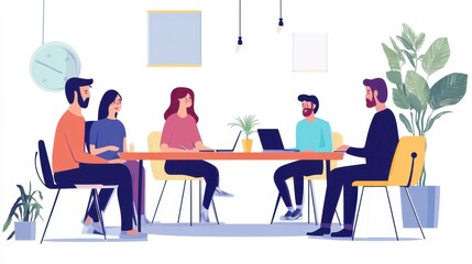 6 people sitting on chairs in a semicircle around a table, office