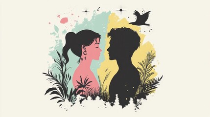 Romantic Composition with Silhouette and Nature Elements