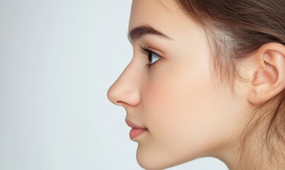 Fototapeta premium A beautiful young woman touches her nose with a hump on a white background in this profile portrait