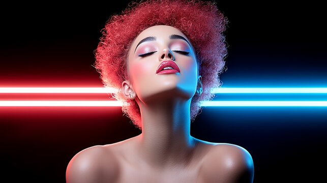 Stunning model showcases vibrant beauty against bold neon lights in captivating portrait