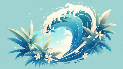Obraz premium A stylized wave surrounded by tropical plants and flowers, evoking a serene coastal vibe.