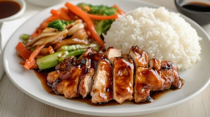 Teriyaki chicken with rice and vegetables on a white plate.