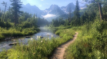 Fototapeta premium Serene mountain landscape with scenic pathway and flowing river