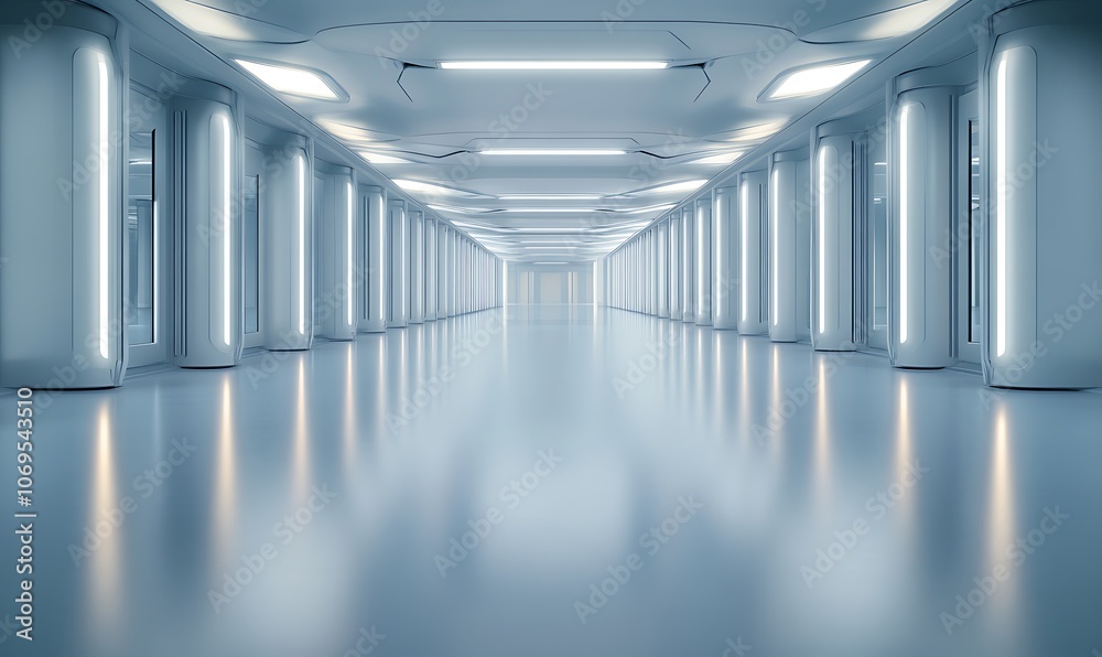 Fototapete A modern, illuminated corridor featuring sleek columns and a glossy floor, creating a spacious and futuristic atmosphere.