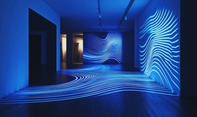 A glowing blue light wave pattern illuminates a dark studio space in a captivating design for modern art enthusiasts