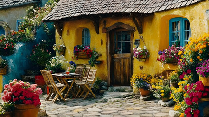 A charming yellow cottage with a stone patio and colorful flowers.