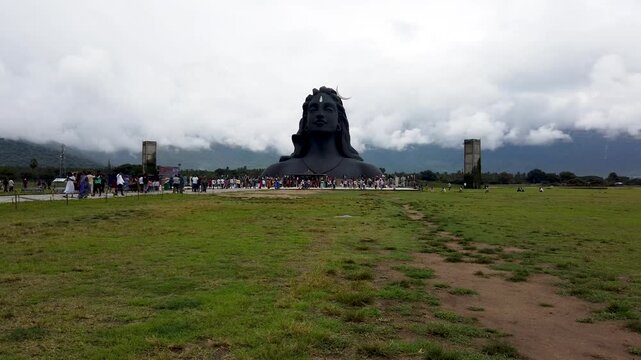 Coimbatore, Tamil Nadu, India- October 12 2024; An Over view of the Adi Yogi or Lord Shiva sculpture in Black, a popular travel destination at ISHA foundation ashram in Coimbatore, India.
