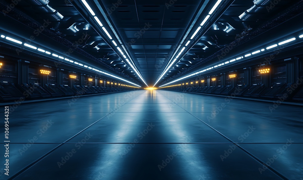 Poster a dimly lit, futuristic corridor lined with bright lights, leading towards a bright point at the end