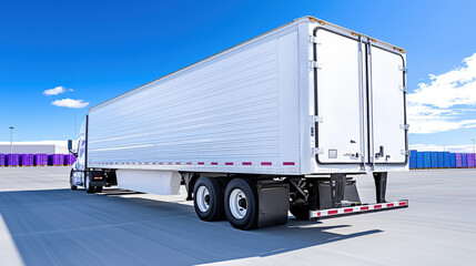 Modern white semi-trailer truck in industrial setting under clear blue sky