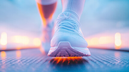 Close up of a person's foot wearing white sneakers on a blue surface.