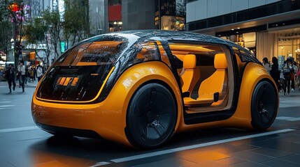 A futuristic self-driving car, holographically shown, features touch and motion sensors for enhanced safety.