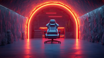 A gaming chair and backdrop with neon lights provide space for customizable 3D renderings and branding.