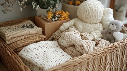 Fototapeta premium A gender-neutral baby gift basket featuring organic clothing, perfect for fashion branding.