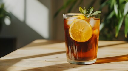 A refreshing glass of iced lemon tea with fresh lemon slices resting on a wooden table in natural sunlight  The drink is a perfect summertime beverage