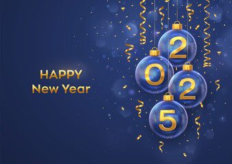 Happy New Year 2025. Golden metal 3D numbers 2025 in glass bauble. Hanging Christmas balls, glitter confetti on blue background. Greeting card. Holiday Xmas poster, banner. Vector Illustration.