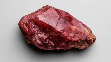 Fototapeta premium Raw ruby crystal on gray background showing natural texture and color