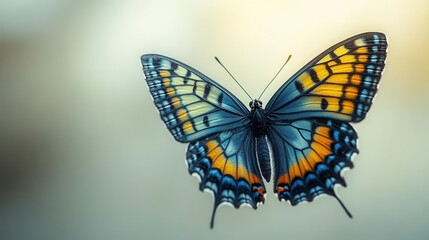 Obraz premium a vividly detailed blue, yellow, and green butterfly in mid-flight, showcasing its delicate wings against a pristine white background, celebrating the beauty of nature and freedom