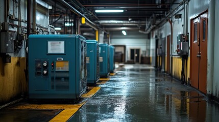 A generator room houses two standby diesel generators, ready to provide power backup in case of a main power failure.