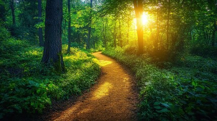 Obraz premium A tranquil forest path illuminated by sunlight during the golden hour