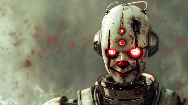Clown in robot suit with red eyes on blurry background, AI generated image