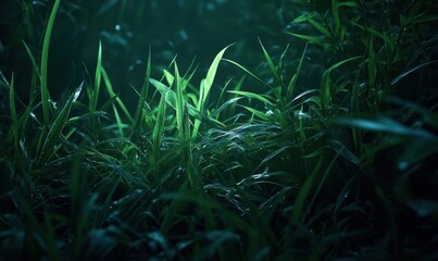 A soft-focus close-up of lush green grass blades gently illuminated, giving a sense of freshness, growth, and natural beauty