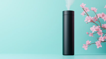 Sleek black humidifier and delicate pink flowers on aqua background