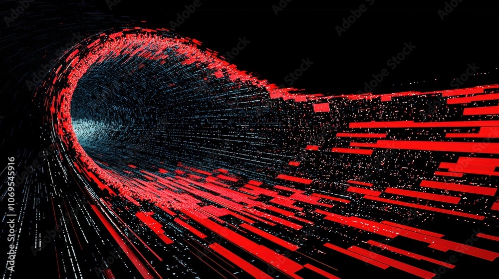 Fototapete digital data tunnel: futuristic red and black abstract technology background
