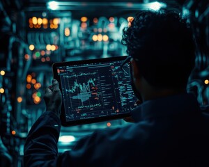 A person analyzes data on a tablet in a dimly lit server room filled with cables and glowing screens, highlighting a tech-driven environment.