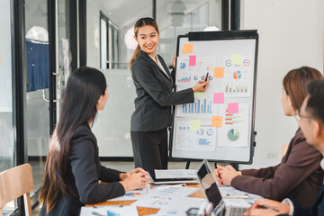 Professional woman presenting data on whiteboard during business meeting, engaging her colleagues with charts and graphs. atmosphere is focused and collaborative