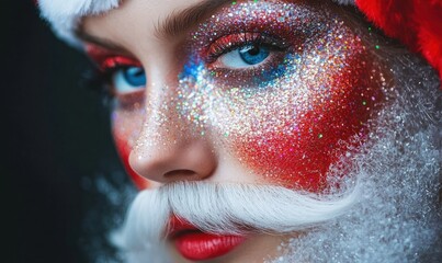 Creative Santa Claus makeup with vibrant red cheeks, a painted white beard, and sparkling eyeshadow for a joyful holiday look