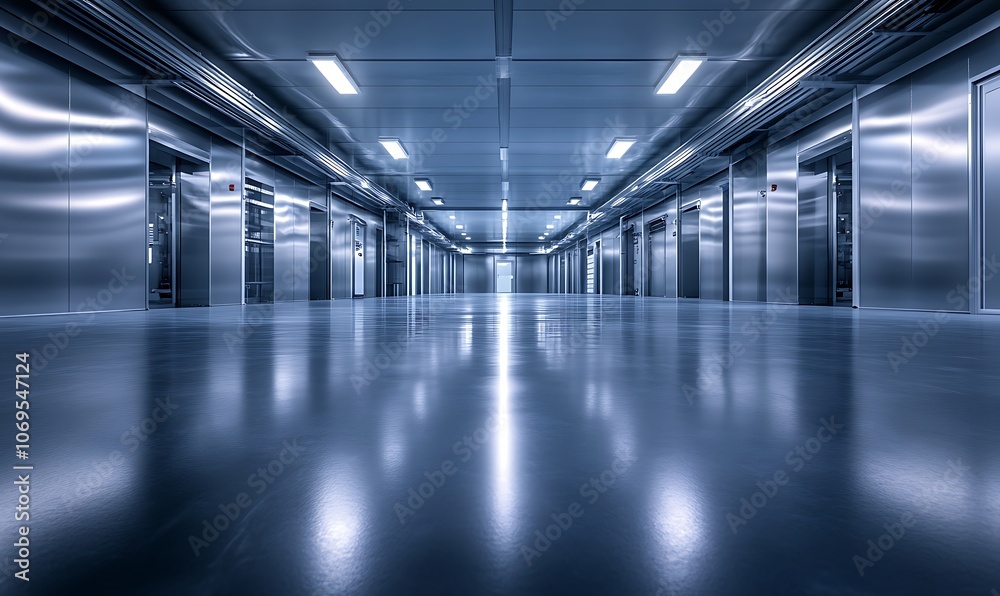 Aufkleber a wide, modern corridor with metallic walls and a glossy floor, illuminated by bright ceiling lights