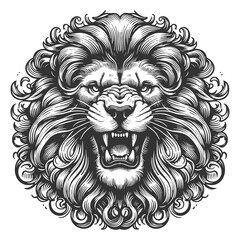 Obraz premium Fierce Lion Head Roaring tattoo growling sketch engraving generative ai vector illustration. Scratch board imitation. Black and white image.