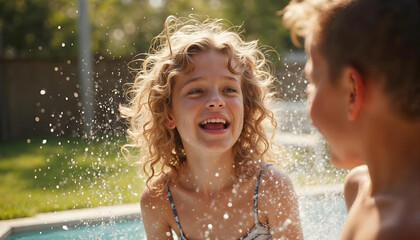 Obraz premium young girl playing splashes her brother with water
