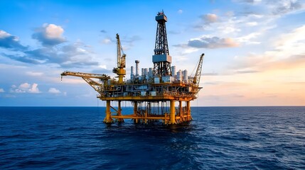Breathtaking aerial shot of an offshore oil rig platform standing tall in the middle of the vast ocean illuminated by the warm glow of the setting sun
