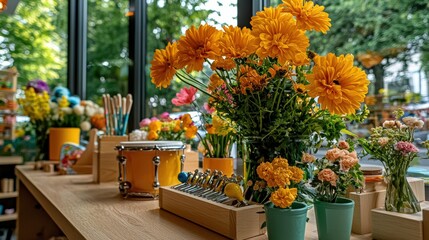 Obraz premium Colorful floral arrangement on wooden table in daylit storefront window display
