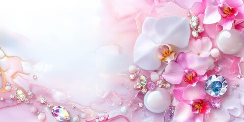 Elegant floral composition with pink orchids and sparkling gems on marble background