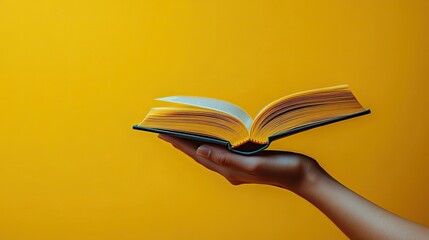 A human hand holding an open book over a yellow background, part of a collage promoting reading...