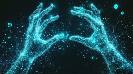 Abstract human figures with network connections and social media icons on their hands, representing the concept of global digital communication in business or society Generative AI
