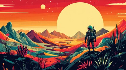 Fototapeta premium Colorful Alien Landscape with Space Explorer