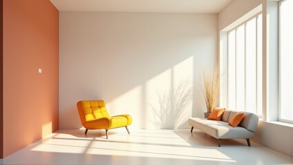 Minimalist interior with yellow armchair, grey sofa, sunlight through window, modern design, clean lines, warm tones. Generative, AI,

