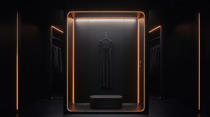 Sleek modern dressing room with minimalist black dress illuminated by orange neon light